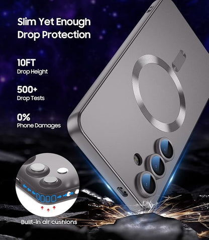 Magnetic for Samsung Galaxy S24 Case [Compatible with MagSafe][Built-in Camera Lens Protector] Slim Soft Silicone Bumper Shockproof Metallic Luster Phone Case (Gray)
