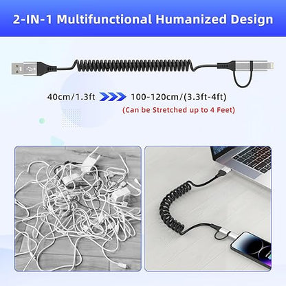 USB to USB-C and Lightning Cable 2 in 1 Coiled Cable Support Aple Carplay & Android Auto [MFi & 3A Fast Charge & Data Sync] Coiled Lightning and USB C Cable for iPhone 17/16/15/14/13/Android, Silver