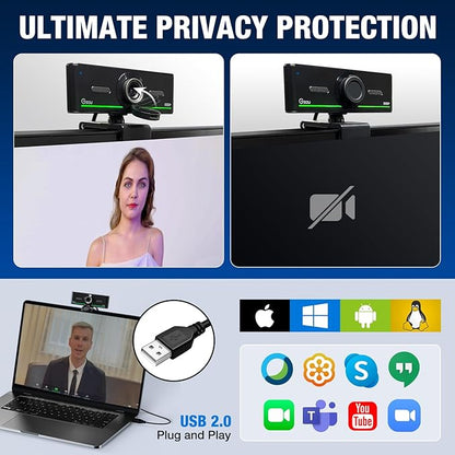 1080P Webcam with Mics, Auto Light Correction, USB Plug&Play, Privacy Cover, Computer Webcam Connect Bluetooth Headset/Earphone/Speaker, Full HD for Business Meetings & Live Streaming