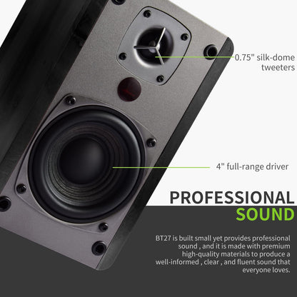 SINGING WOOD BT27 Active Powered Bluetooth Bookshelf Speakers - 60W RMS Studio Monitor Speakers for PC, TV, Turntable - High Fidelity Wooden Enclosure with Remote Control - Black