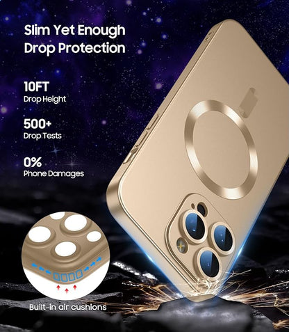 Magnetic for iPhone 16 Pro Case [Compatible with MagSafe][Built-in Camera Lens Protector] Slim Soft Silicone Bumper Shockproof Metallic Luster Phone Case (Gold)