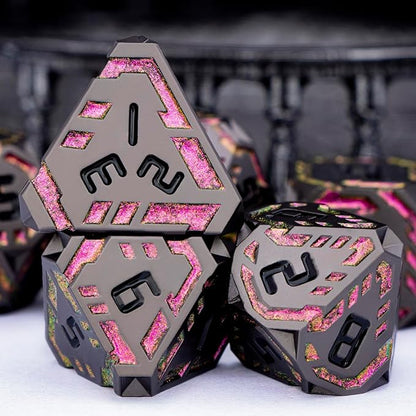 Metal DND Sci-fi Dice Set 7PCS Stripe Polyhedral Dice for Dungeons Dragons RPG Role Playing Game, Glitter D and D Dice with Gift Box D6 D8 D10 D12 D20 (Black&Purple Red)