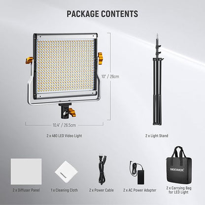 NEEWER 2 Pack Bi Color Dimmable 480 LED Video Light Kit, 28W 3200-5600K CRI96+ LED Panel with U Bracket 75" Tripod Stand Cleaning Cloth Bag, YouTube Recording Studio Photography Streaming Key Lighting