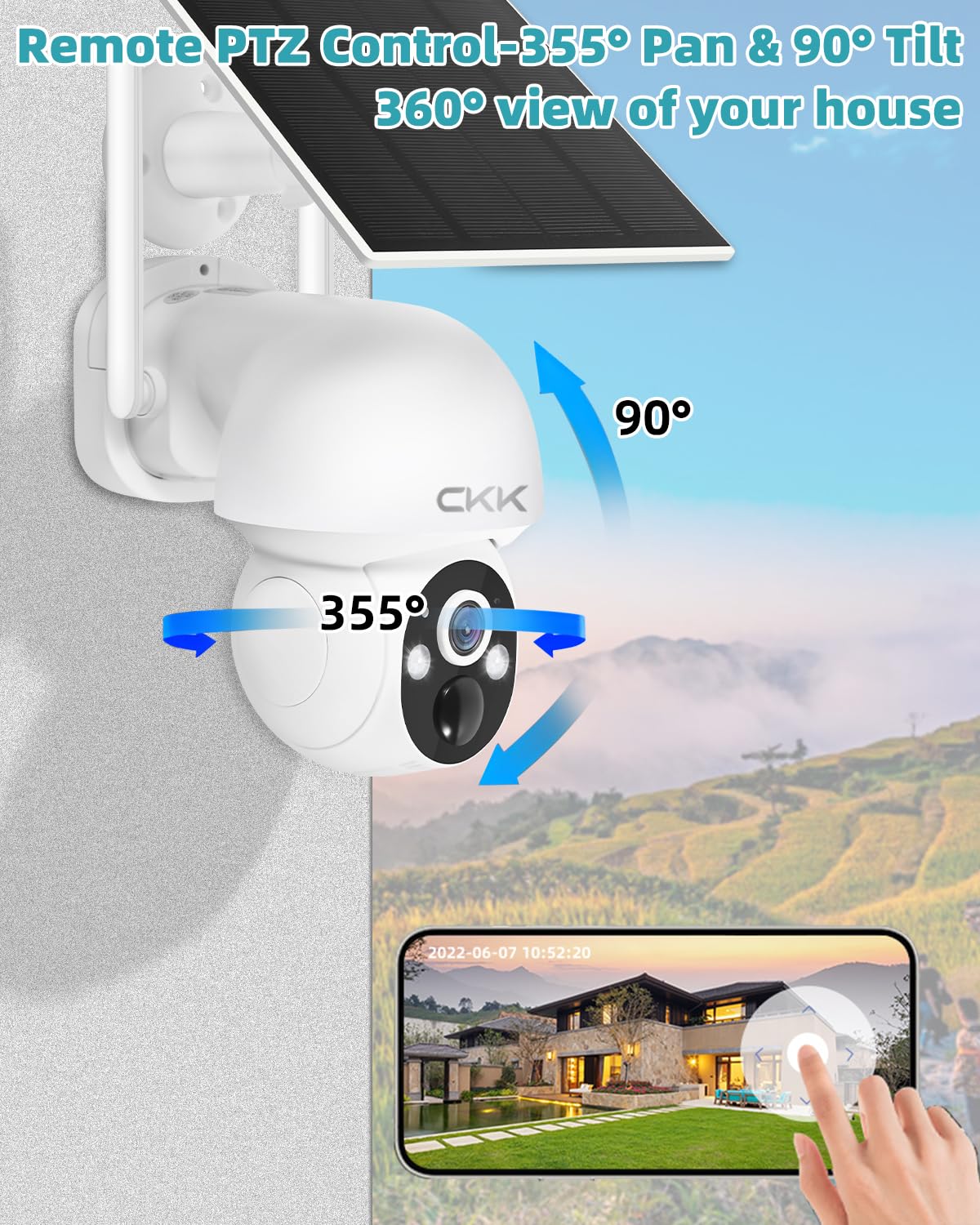 CKK 2.5K 4pcs Solar Security Camera System Wireless Outdoor with 128GB Card,360PTZ, PIR Motion Detection, Color Night Vision, 2-Way Talk, IP66 Waterproof, Audible & Floodlight Alarm for Home and Yard