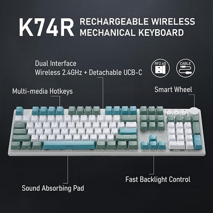 iRocks K74R Wireless RGB Illuminated Mechanical Gaming Keyboard, Hot-Swappable Switches, Easy-Clean Floating Design, PBT 107 Keys NKRO, Detachable USB-C Cable - Island Blue (Brown Switches)