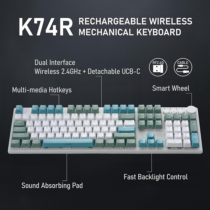 iRocks K74R Wireless RGB Illuminated Mechanical Gaming Keyboard, Hot-Swappable Switches, Easy-Clean Floating Design, PBT 107 Keys NKRO, Detachable USB-C Cable - Island Blue (Red Switches)