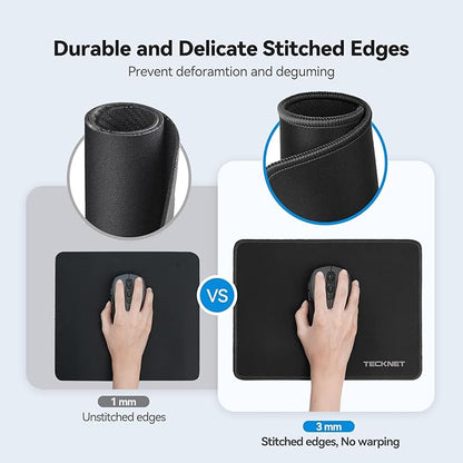 TECKNET Mouse Pad with Anti-fray Stitching, Waterproof Surface & Non-Slip Rubber Base with Stitched Edges Gaming Mouse Mat for Laptop，Compatible with Laser and Optical Mice - Black