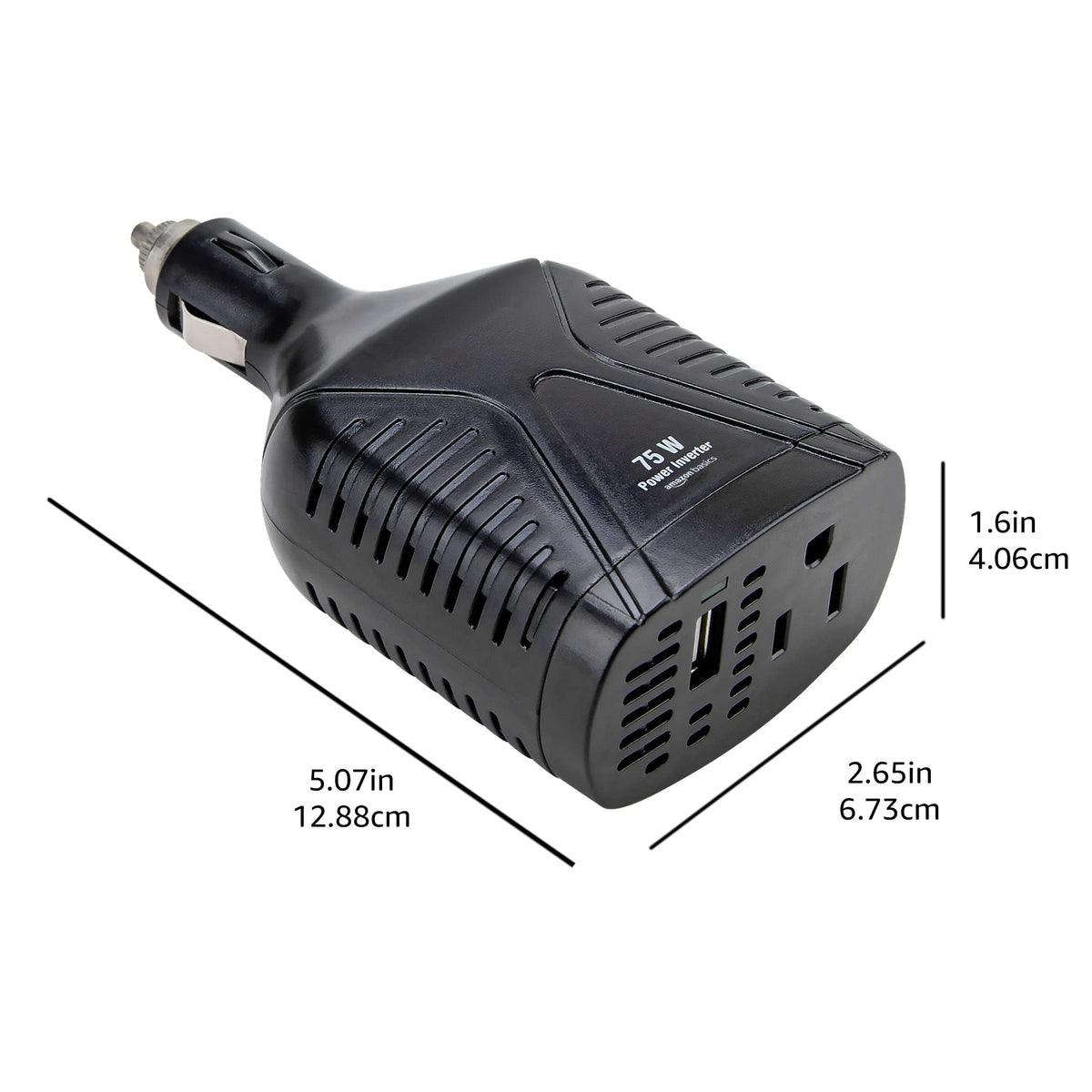 Amazon Basics 75W Portable Car Power Inverter, 12V to 110V, USB Charging Port, AC Outlet for Vehicles, Black, 5.07 x 2.65 x 1.6 inches