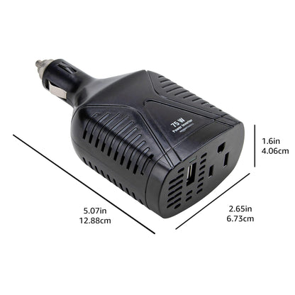 Amazon Basics 75W Portable Car Power Inverter, 12V to 110V, USB Charging Port, AC Outlet for Vehicles, Black, 5.07 x 2.65 x 1.6 inches
