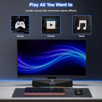 SENZER CS30 Bluetooth Computer Speakers for Desktop, USB Plug & Play PC Speakers with Dynamic LED Light, Stereo Sound Soundbar for Desktop Laptop Monitor (USB-C Adapter Included)