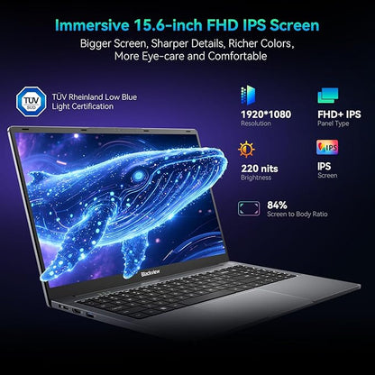 Blackview Laptop 2025, Laptops Computer for Business Student, Quad-Core N150 (Up to 3.6GHz, Beat N5095/ N95/N97/N100), 16GB DDR4 512GB SSD, 15.6” FHD IPS TÜV Screen, 100W Type-C Fast Charge, 4K HDMI