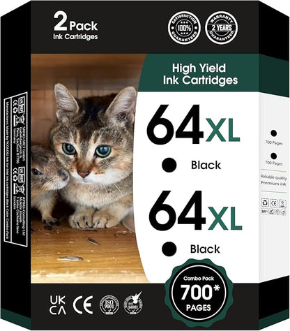 64XL Black Ink Cartridges Black Compatible for HP 64 XL High Yield Replacement for HP Printers 7858 7855 7120 7155 7158 7164 6255 6252 6232 Envy Inspire 7955e Tango X Printers