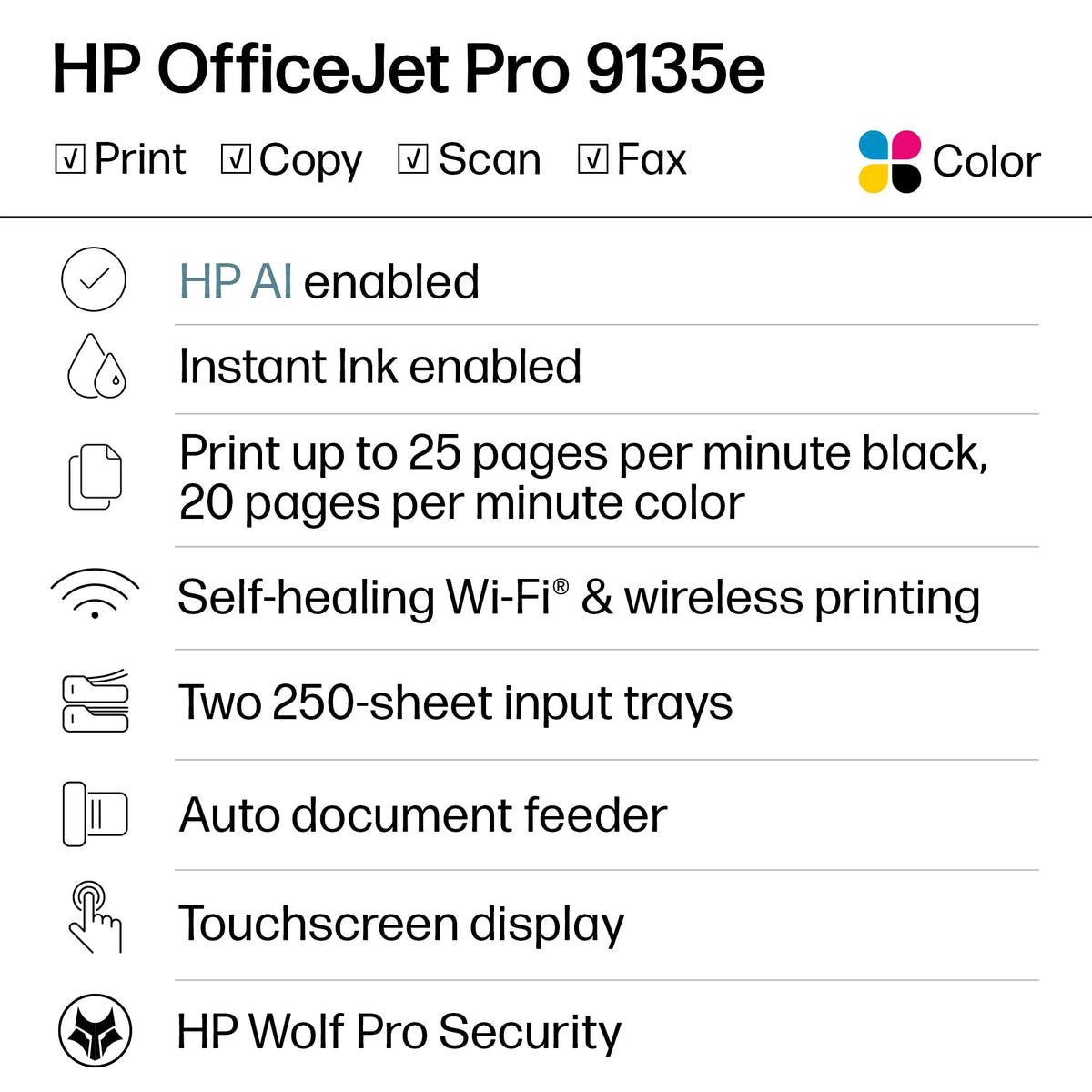 HP OfficeJet Pro 9135e Wireless All-in-One Color Inkjet Printer, Print, scan, Copy, fax, ADF, Duplex Printing Best-for-Office, 3 Month Instant Ink Trial Included, AI-Enabled (404M0A)