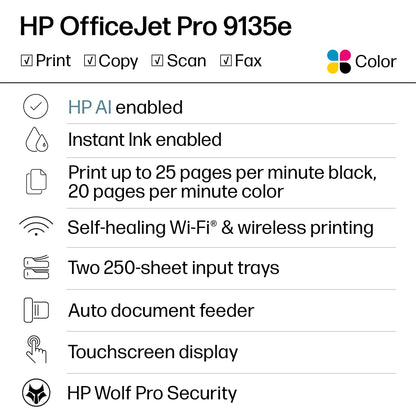 HP OfficeJet Pro 9135e Wireless All-in-One Color Inkjet Printer, Print, scan, Copy, fax, ADF, Duplex Printing Best-for-Office, 3 Month Instant Ink Trial Included, AI-Enabled (404M0A)
