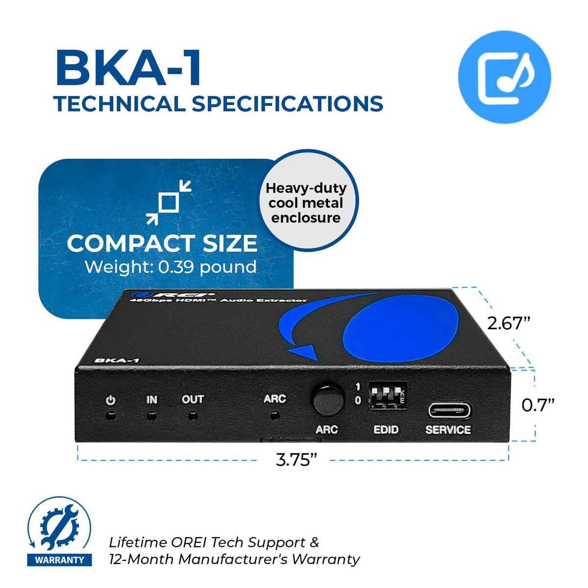 OREI 8K@60Hz 48Gbps HDMI Audio Extractor, SPDIF & 3.5mm, ARC, HDCP 2.3, CEC