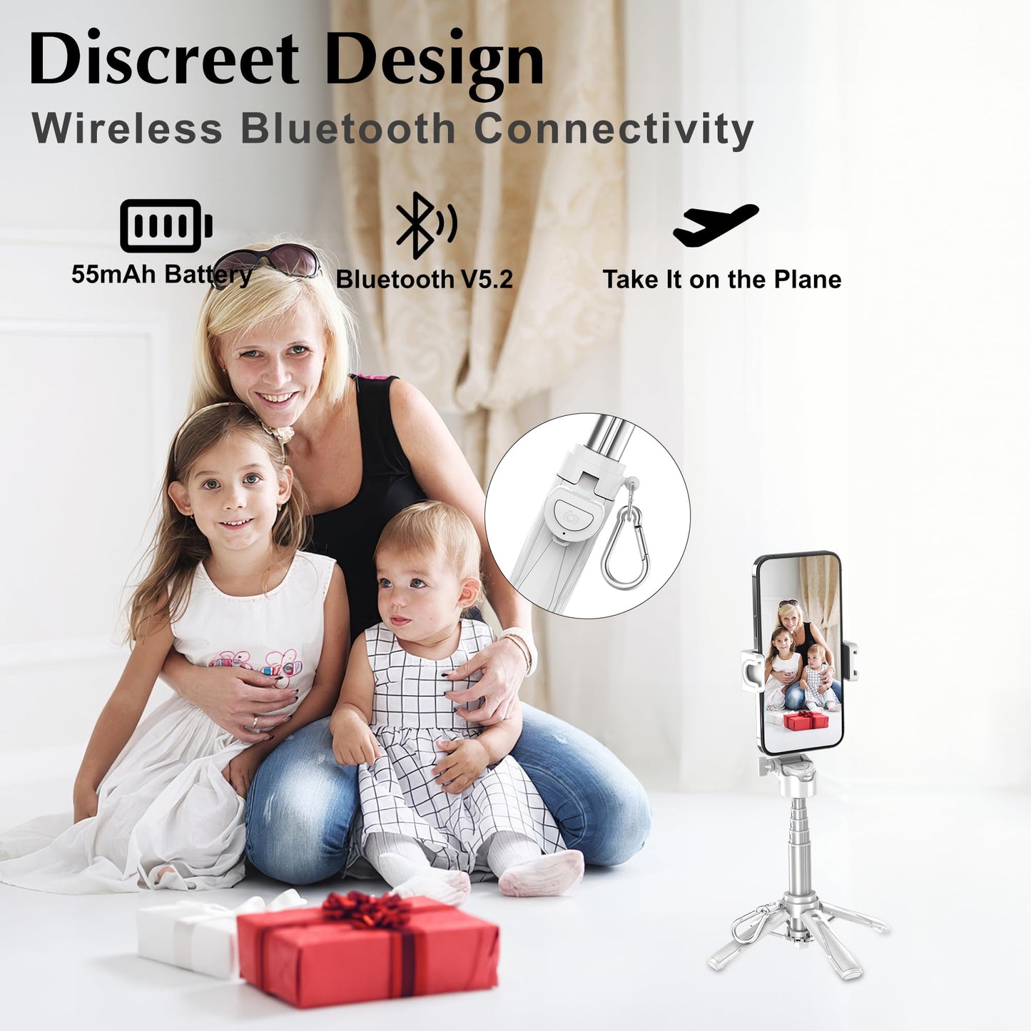 Mini Selfie Stick Tripod, 41.5cm Extendable Grip Phone Tripod with Detachable Remote Pocket Size, 4-in-1 Mini Phone Grip, 10m Wireless Shutter, Vlog Livestreaming Photography （White）