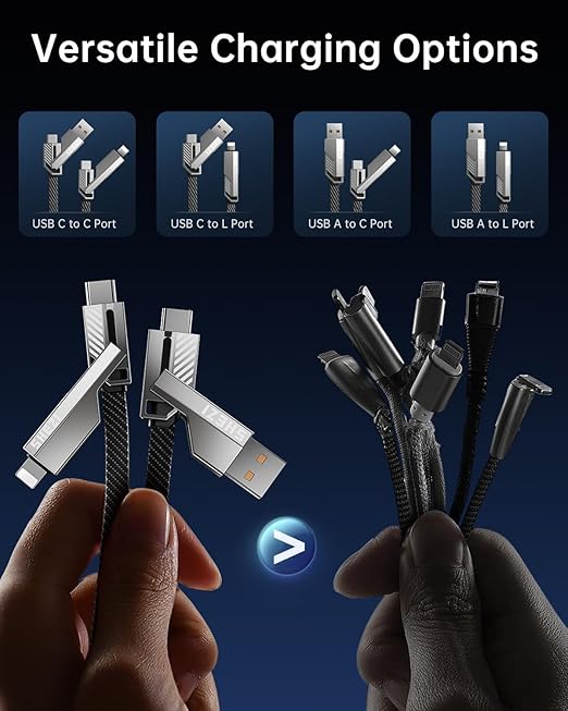 Jixivor 5FT 4 in 1 Multi Charging Cable, 60W USB A/C to C/Lightning Cable Combo, Support High-Speed Charging & Fast Data Transfer, CarPlay & Android Auto, Multi Charger Cord for iPhone/Samsung/iPad