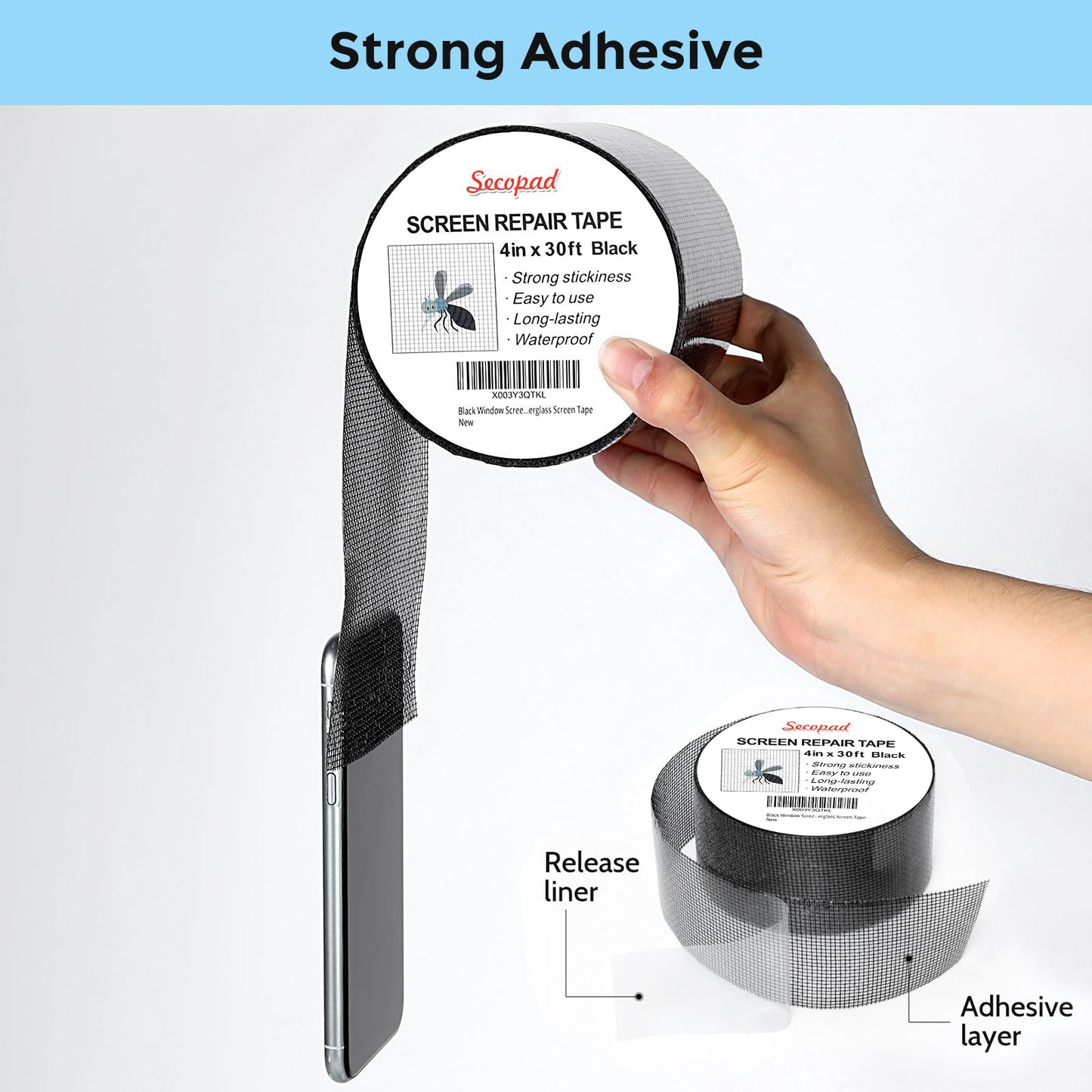 Secopad 4" x 360" (30FT) Screen Repair Tape, Screen Repair Kit, Black
