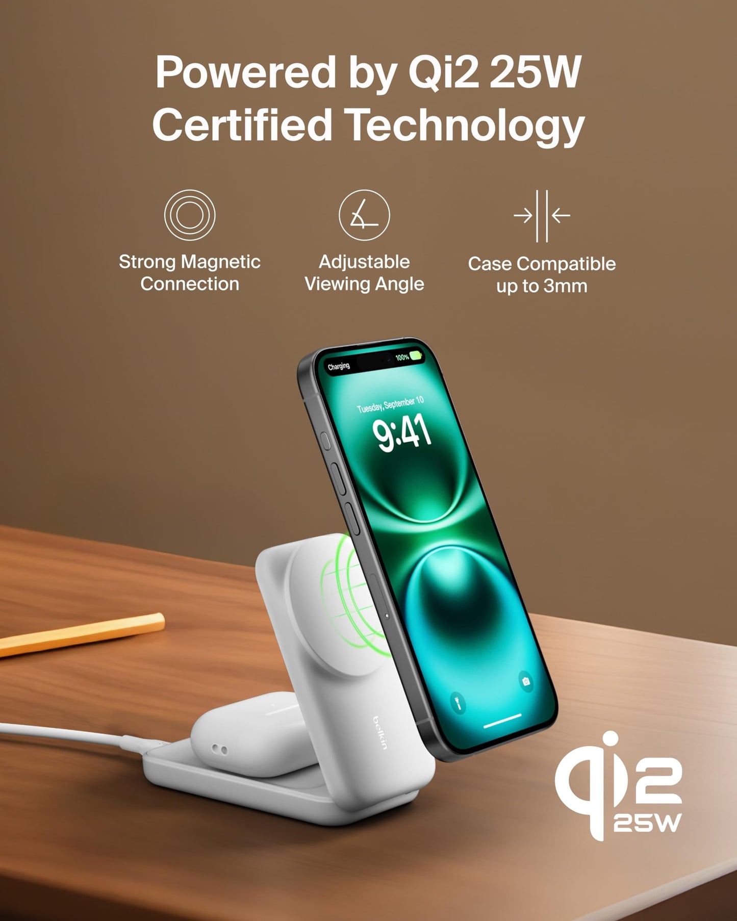 Belkin MagSafe Charger, Compatible 2-in-1 Charging Station, Qi2.2 25W Magnetic Wireless Charger iPhone, Foldable Stand, with 5W USB-C Port, for iPhone 17/16/15, Pixel 10, AirPods, 45W Adapter Included