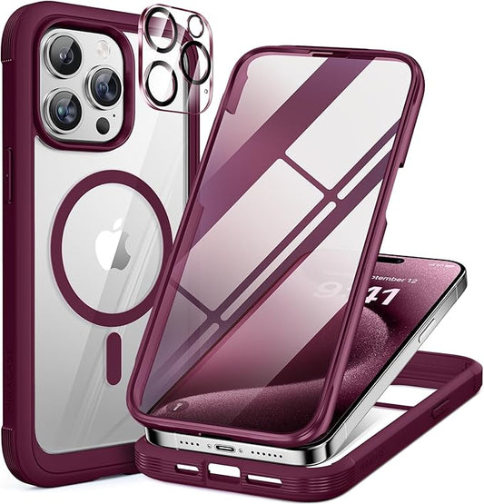Miracase Magnetic for iPhone 12 Pro Max Case [Compatible with MagSafe] Full-Body Phone case with Built-in Glass Screen Protector& Camera Protector, Military Drop Proof 12 Pro Max Cover, Wine Red