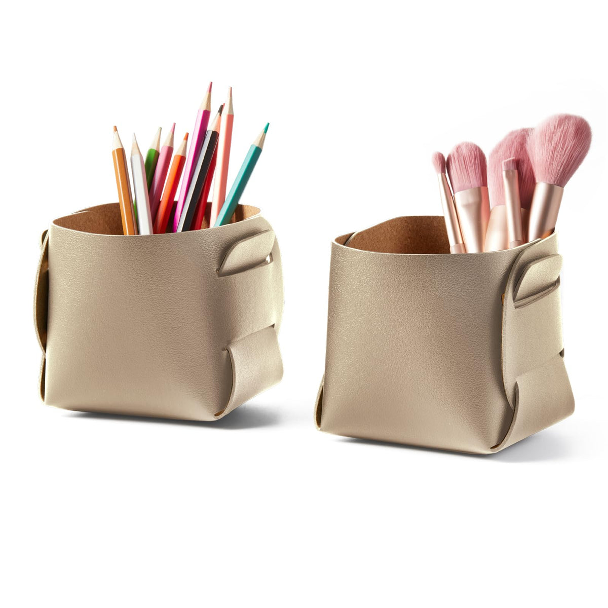 HOMIEAZICOZI 2-Pack Cork Leather Desk Accessories Storage - Pencil Pen Holder - Makeup Brush Holder Organizer - Stylish Addition to Home Decor (Light Green)
