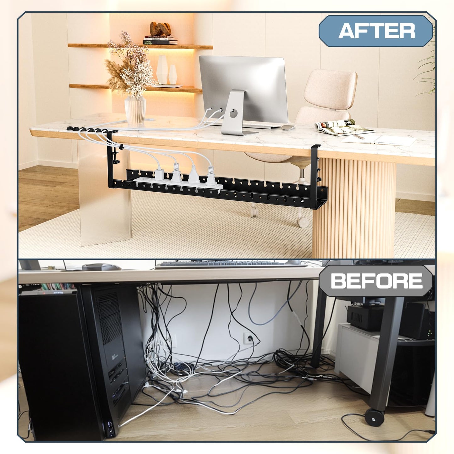 Shikha Under Desk Cable Tray, 15.7"-30.7" Retractable Under Desk Cable Management, No Drilling Cord Organizer with Clamp, Wire Management for Home Office -Black