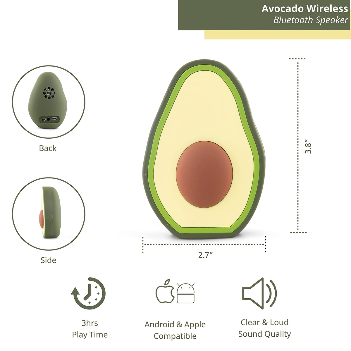 Funx Accessories Avocado Bluetooth Wireless Speaker, Animal Design for Kids of All Ages, Average 3 Hours of Playtime, 3W Output, Compatible with iPhone and Android Devices