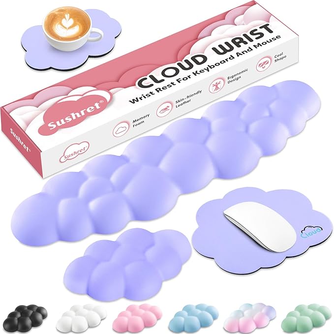 Sushret Cloud Wrist Rest for Computer Keyboard and Mouse Pad Set, Purple