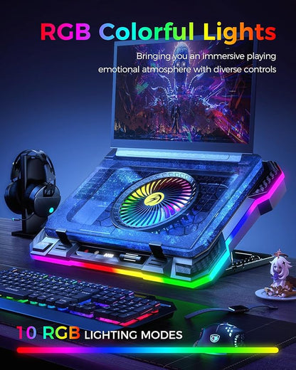 KeiBn Gaming Laptop Cooling Pad, Laptop Fan Cooling Pad with 5.5inch RGB External Fan, Rapid Cooling Laptop 15.6-19.3inch, 8 Height Stands, 2 USB Ports, Phone Holder-K1 5V RGB