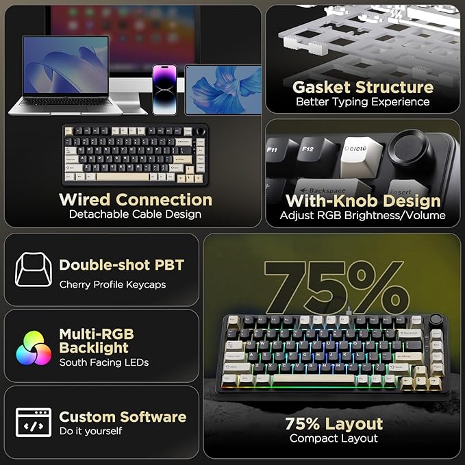 YUNZII B75 Mechanical Keyboard,75% Layout with Knob,Hot Swappable RGB Backlit Gasket Mounted, Creamy Typing, Double-Shot PBT Keycaps,Cherry Profile,for Win/Mac (Black, Blue Grey Tactile Switch)