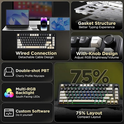 YUNZII B75 Mechanical Keyboard,75% Layout with Knob,Hot Swappable RGB Backlit Gasket Mounted, Creamy Typing, Double-Shot PBT Keycaps,Cherry Profile,for Win/Mac (Black, Milk V2 Linear Switch)