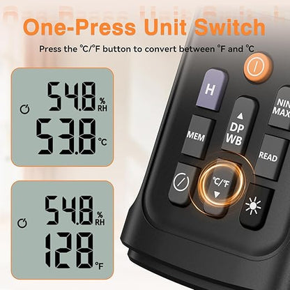 YT606 Temperature Humidity Meter High Precision Digital Hygrometer with Ambient, Relative Humidity, Dew Point, Wet Bulb Thermometer for Indoor Outdoor, Digital Thermometer Min/Max Hold, LCD Backlight