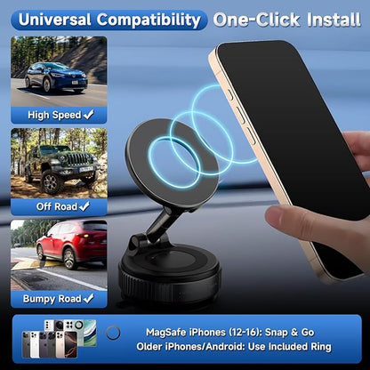 2026 Upgraded Vacuum Magnetic Car Phone Holder 360° Suction Cup Phone Mount for Magsafe Cell Phone Holders, Hands-Free Adjustable Foldable for iPhone 16 Pro Max & All Smartphones Car Gym Mirror