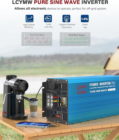 Power Inverter 5000 Watt Pure Sine Wave 48V DC to 110V/120V AC 10000W Peak Converter for Family RV Solar System with 2 AC Outlets LCD Display Remote Control 0.5A USB Charging Port and Wiring Terminal