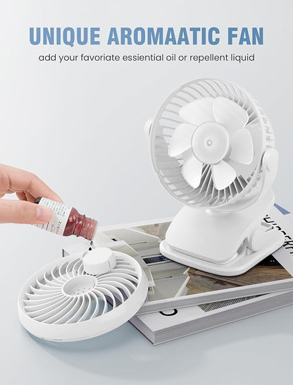 Shinebella AA Battery Powered Clip on Fan with 4-Speed, 5’’ Small Desk Fan with Aroma Function, USB Powered, 360°Rotation, Ultra Quiet, for Golf Cart, Stroller, Bedroom,Car(Batteries Not Included)
