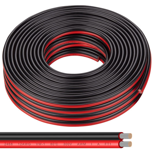 Shirbly 12AWG Tinned Copper Electrical Wire - 50FT, 2 Conductor Parallel, Black, PVC Insulated, Solar Panel, LED, Automotive, RV, Inverter Compatible