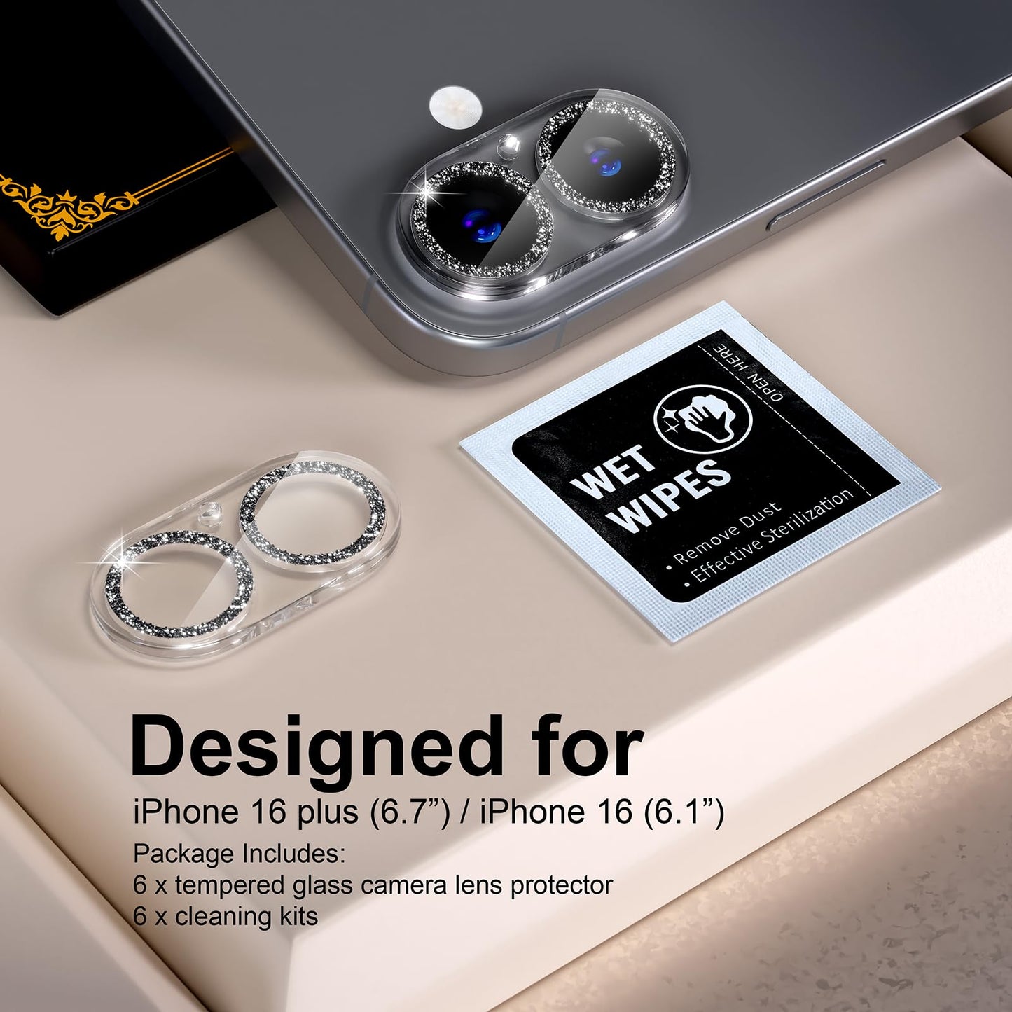 beuxece for 6 Pack iPhone 17 / iPhone 16 / iPhone 16 Plus Camera Lens Protector [Drop Protection] [Easy Installation] 9H Tempered Glass Camera Screen Protector Cover Accessories, Glitter Black