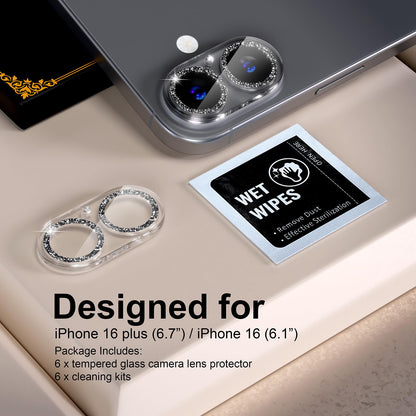beuxece for 6 Pack iPhone 17 / iPhone 16 / iPhone 16 Plus Camera Lens Protector [Drop Protection] [Easy Installation] 9H Tempered Glass Camera Screen Protector Cover Accessories, Glitter Black
