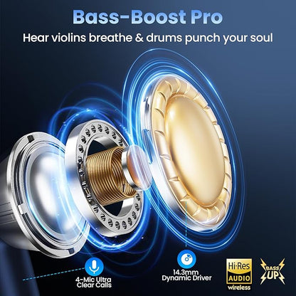 Wireless Earbuds, Bluetooth Headphones with Deep Bass Stereo, 48H Playback Ear Buds with LED Power Display Charging Case，Lightweight, IPX7, in-Ear Earphones with Mic for for Phone Tablet Laptop, Blue