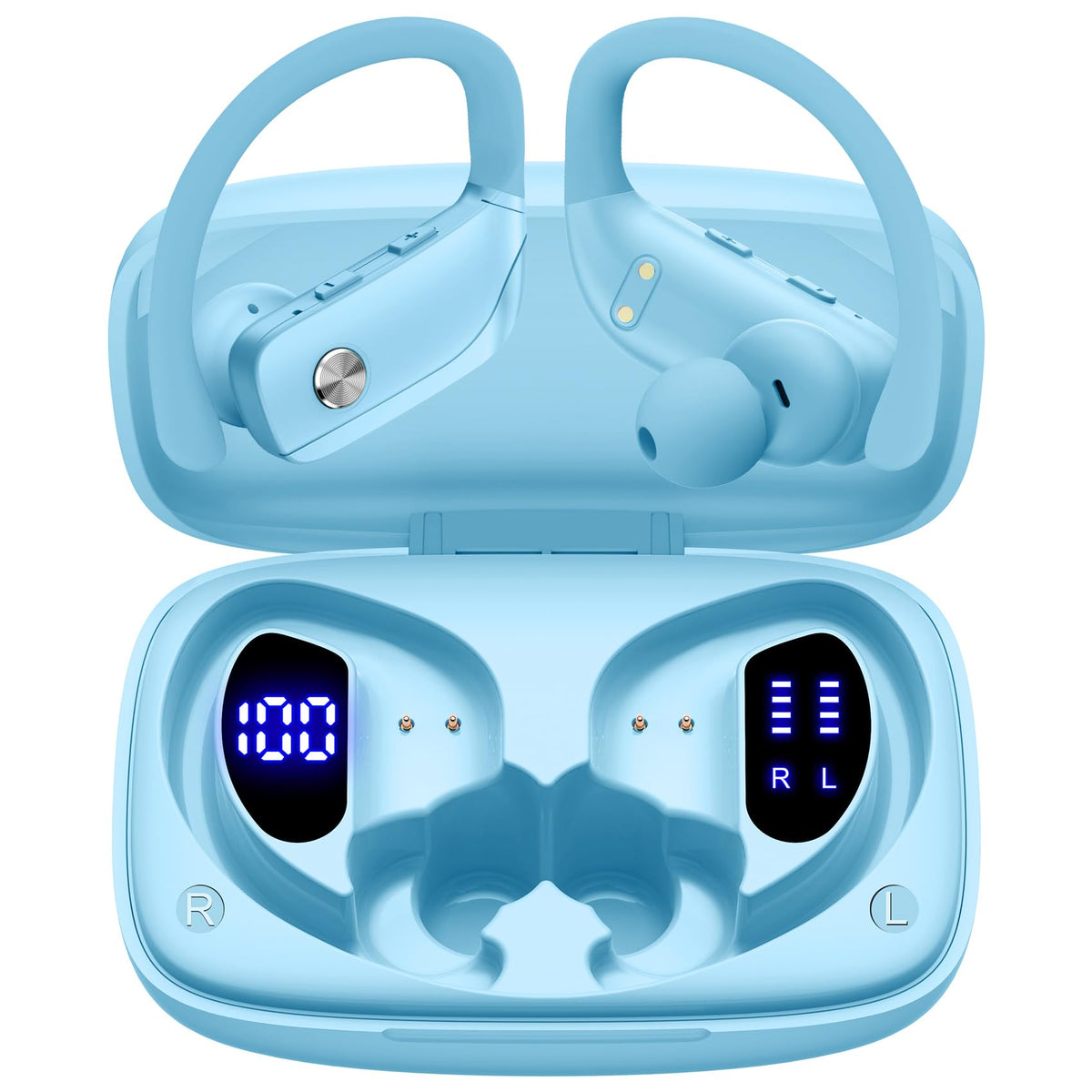 bmani Ear Buds Wireless Earbuds Bluetooth Headphones with 80H Playtime LED Display Case, Over-Ear Hook with Mic, Stereo Sound, Easy Button Controls, Sports Earphones for Running Workout Gym Mint Green