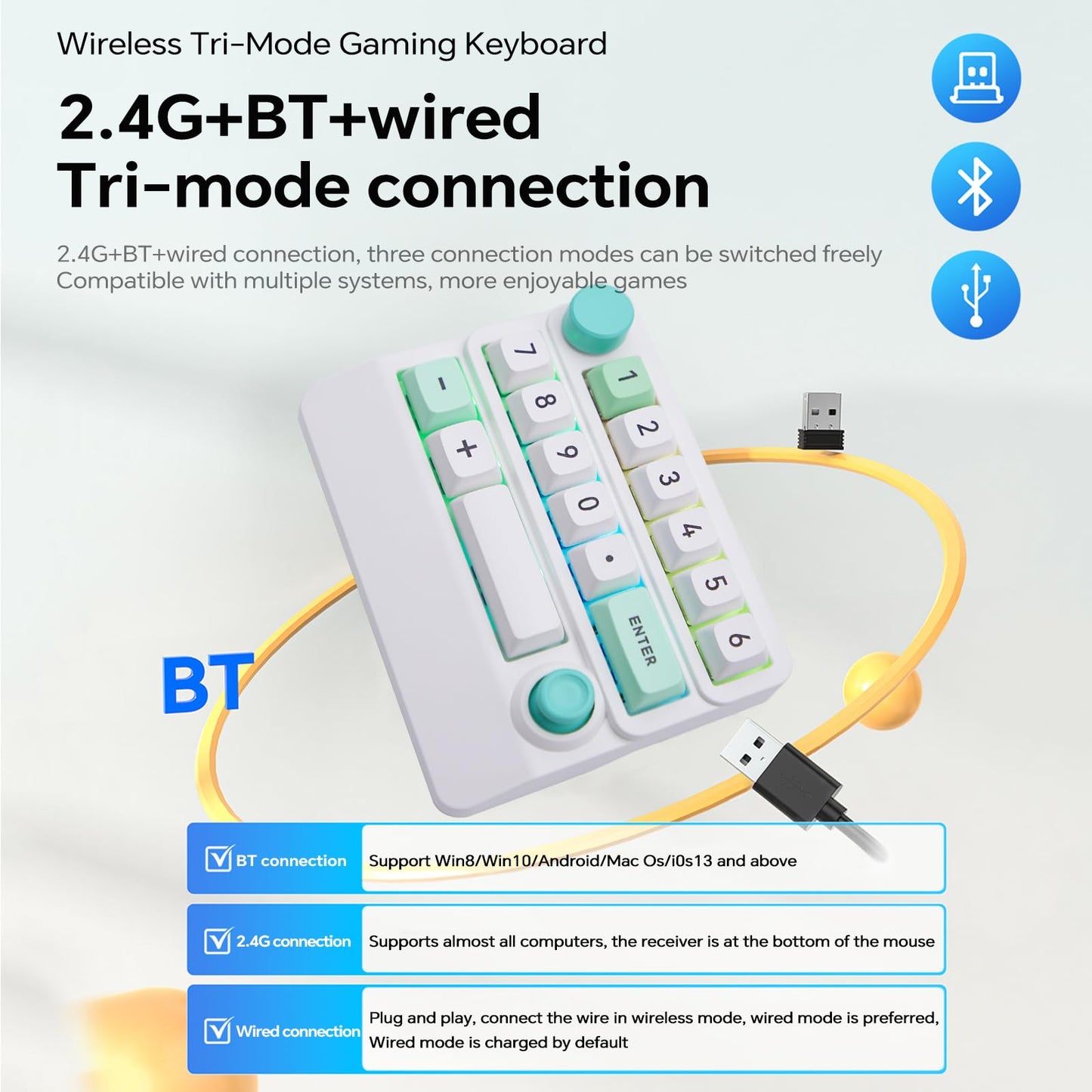 Adventurers W909 Wireless RGB Mechanical Numeric Keypad, Hot-Swappable, Macro-Programmable Numpad, Joystick & Knob Control for PC/Tablet/Laptop/Phone, Tri-Mode Connectivity (White)