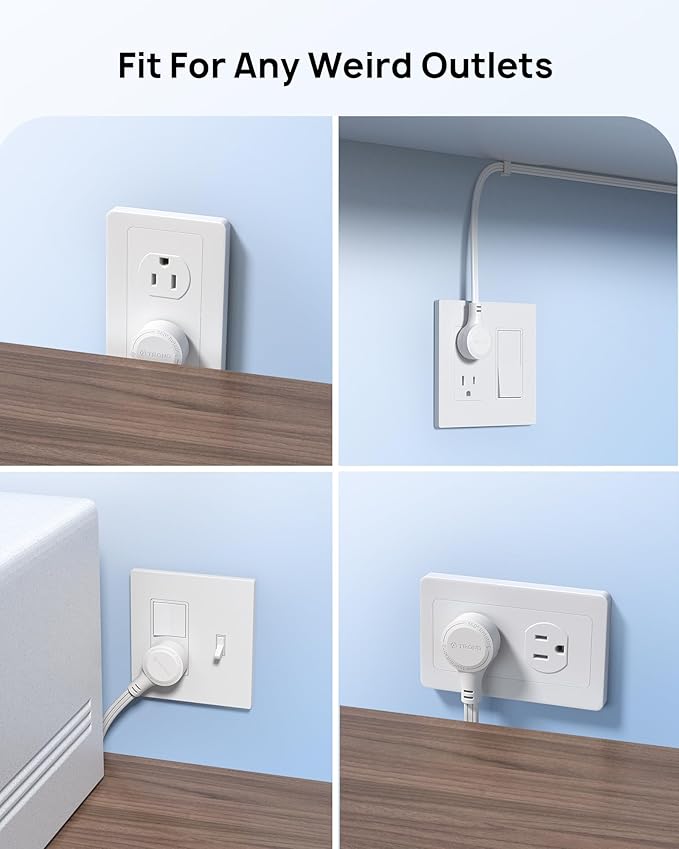 TROND 360° Rotating Flat Plug Extension Cord Surge Protector 1.5ft, Small Power Strip with 900 Joules, 3 Side Grounded Outlets, 13A, SPT 16/3 Gauge Wire for Indoor Home Office Dorm Room Travel, White