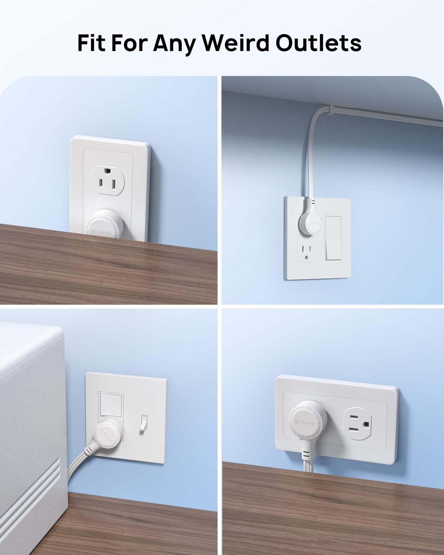 TROND Rotating Flat Plug Extension Cord Surge Protector 1.5ft, 3 AC, White