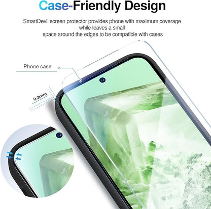 SMARTDEVIL [3+3 Pack for Google Pixel 8 Screen Protector with Camera Lens Protector, Finger Print Reader Compatible, Fast & Easy Installation, Clear 9H Tempered Glass Film, Alignment Frame