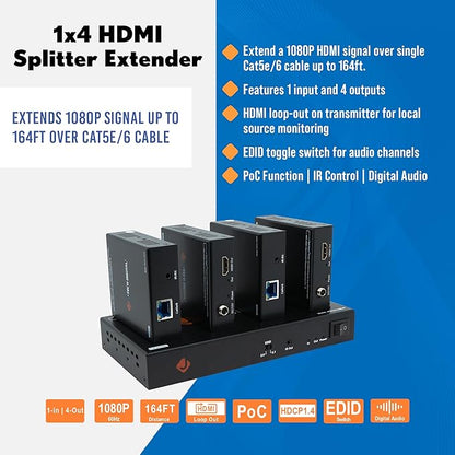 J-Tech Digital HDMI Extender Splitter 1x4 Over Single Cat5e/6 Ethernet Cable Up To 164ft. Supports PoC HDMI Loopout IR Control EDID Switch