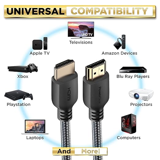 PowerBear 4K HDMI Cable 1 ft | High Speed, Braided Nylon & Gold Connectors, 4K @ 60Hz, Ultra HD, 2K, 1080P, ARC & CL3 Rated | for Laptop, Monitor, PS5, PS4, Xbox One, Fire TV, Apple TV & More