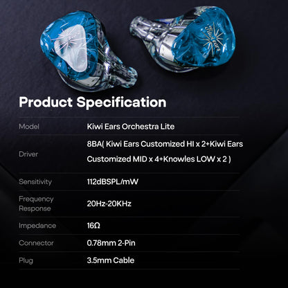 HIFIXAUDIO Kiwi Ears Orchestra Lite in Ear Monitor, Custom 8BA HiFi Earphone, Studio Monitor Headphone, Wired Earbuds with Detachable OFC Cable, Handcrafts Faceplate for Audiophile Musician (Blue)