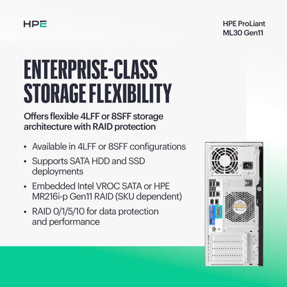 Hewlett Packard Enterprise ProLiant ML30 Gen11 Tower Server w/one Inte Xeon 6315P Processor, 2.8GHz, 4c 1P 1x16GB-U 4LFF-NHP 2x1TB HDD 1x350W PS (HPE Smart Choice P83315-005)