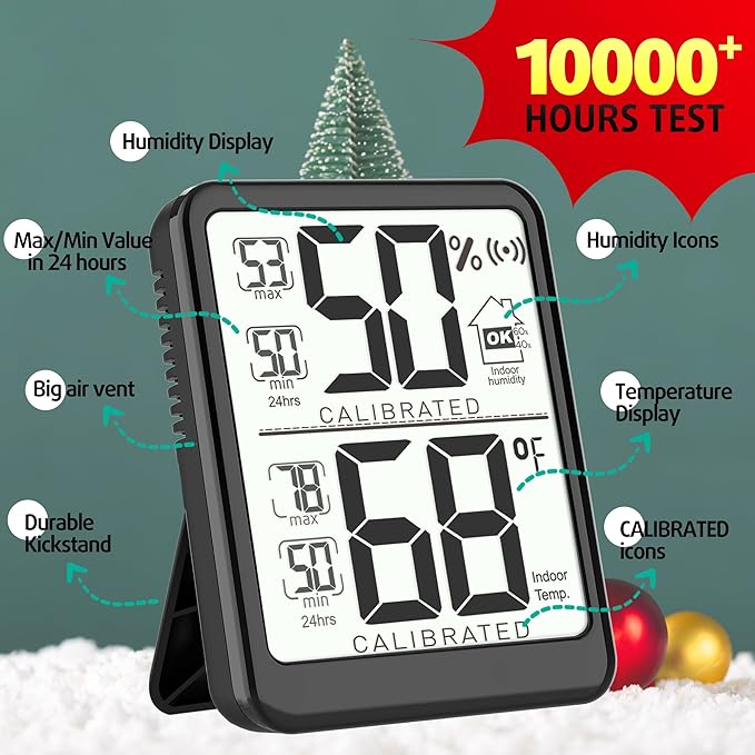 Antonki Room Thermometer, Digital Small Hygrometer Indoor Thermometer Humidity Gauge, Temperature Humidity Meter with Max/Min Record Monitor Sensor for Home, Plants - Battery Included