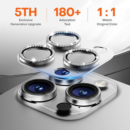 Camera Lens Protector for iPhone 16 Pro Max/16 Pro/15 Pro Max/15 Pro/14 Pro Max/14 Pro, Aluminum Alloy Sapphire Glass Camera Screen Cover, Case Friendly-Silver Diamond